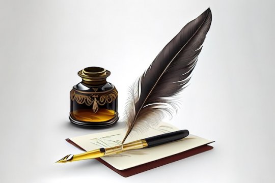 Feather-pen-into-the-inkwell-isolated-on-a-white-background-